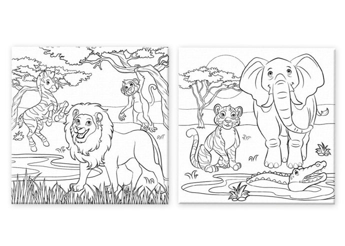2 panneaux en carton sur toile pré-dessinés d'animaux d'Afrique