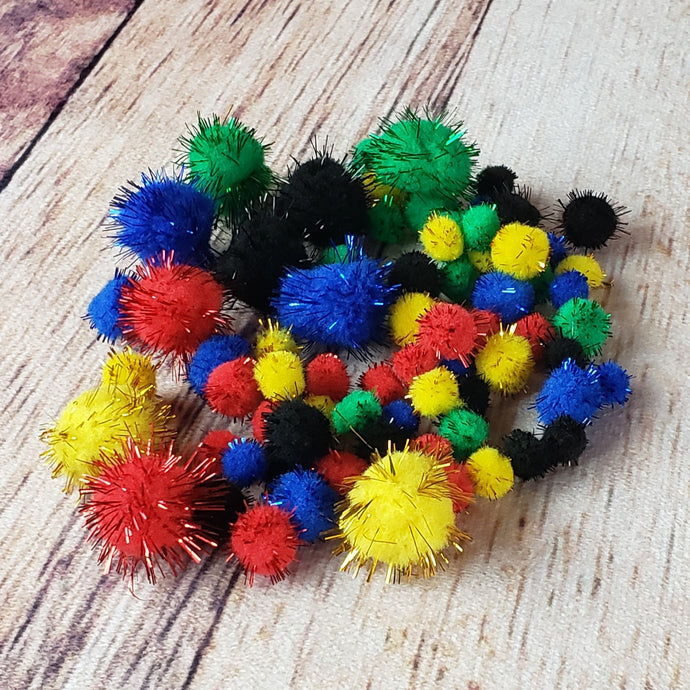 75 pompons brillants - couleurs et grandeurs variées